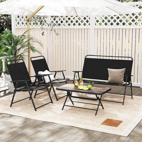 4 Piece Folding Patio Furniture Set, Metal Chair & Table Set with Breathable Fabric Seat, Outdoor Sectional Conversation Set with 2 Patio Chairs, Loveseat, Coffee Table for Yard Porch Deck