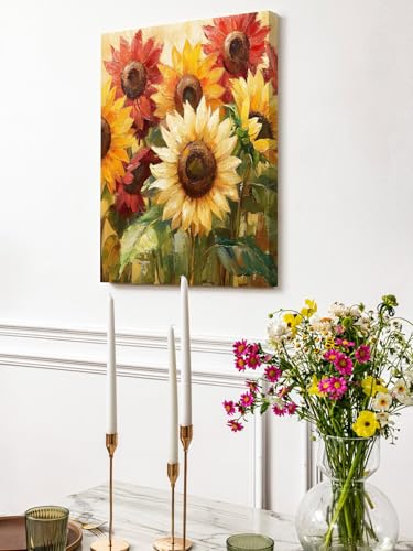 NuYeBiofx Farm Sunflower Oil Painting Art Canvas Wall Art Prints,48"x32" Framed Picture Artwork Yellow Red Blossom Floral Leaf Printed Canvas Oil Painting for Living Room Bedroom Office,Ready to Hang