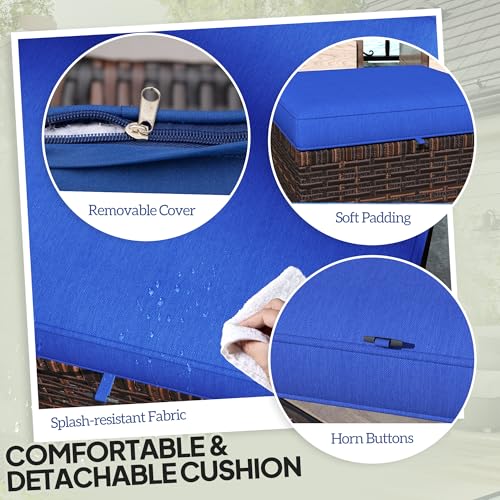 2 Pieces Outdoor Patio Ottomans, All Weather Wicker Footstools with Removable Cushions, 3-in-1 PE Rattan Ottoman Seat, Footrest and Side Table for Backyard, Poolside, Dark Blue