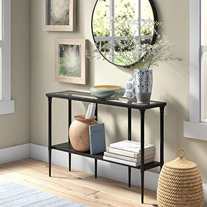 Dafna 45'' Wide Rectangular Console Table in Blackened Bronze | Two-tier design with glass top adds stylish storage and display space to entryways, hallways, living rooms, or behind sofas