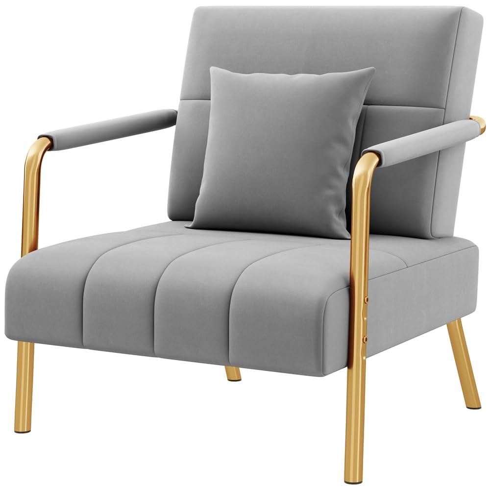 Yaheetech 30" W Accent Chair Velvet Oversized Armchair Living Room Chair with Golden Frame & Cozy Pillow for Living Room, Bedroom, Office Light Gray