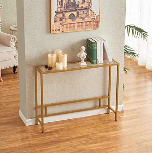 Small Modern Console Table for Entryway, Tempered Glass with Metal Frame Sofa Table for Living Room, Hallway, Office (Single-Layer, Gold)
