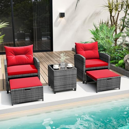5 Pieces Patio Furniture Set with Ottomans, Wicker Patio Conversation Set with Coffee Table & Cushions, PE Rattan Outdoor Lounge Chairs for Backyard, Porch, Poolside (Mix Grey- Red)