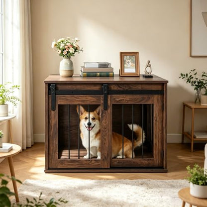 31.5" Dog Crate Furniture with Sliding Barn Door, Wooden Dog Kennel, view 2