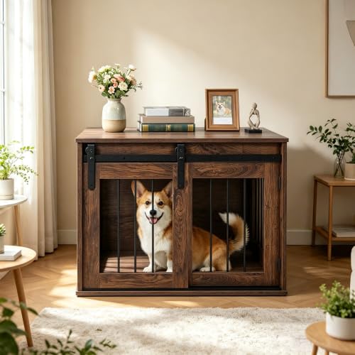 31.5" Dog Crate Furniture with Sliding Barn Door, Wooden Dog Kennel, view 2