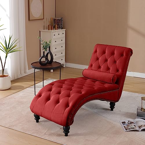 Button-Tufted Velvet Chaise Lounge Chair with Wood Legs & Toss Pillow, view 2