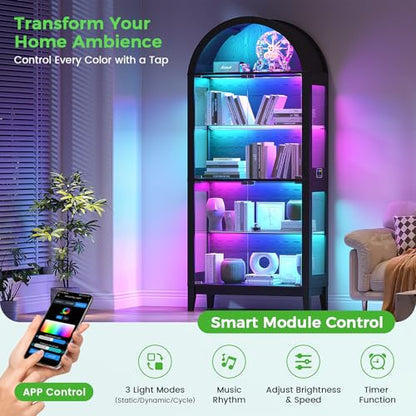 Arched Display Case with RGB Lights, 69" Tall 5-Tier Tempered Glass Display Cabinet with Doors, LED Curio Cabinet with Shelf, Bookcase with Music-Synced Lighting for Living Room (Black)
