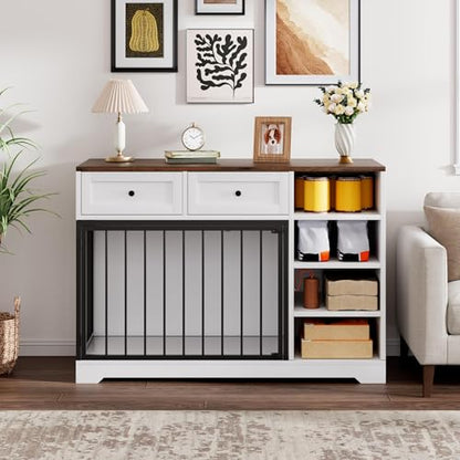 Wooden Dog Crate Furniture, Indoor Dog Kennel TV Stand with Storage, White, view 4