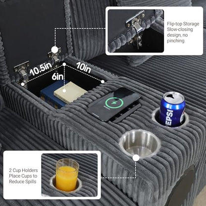 114" Corduroy Sectional Modular Couch with Speakers, L Shaped Couches Comfy Deep Sofa with Console, USB Charger, Cup Holders, Storage, Ottoman for Living Room (Gray, 114in)