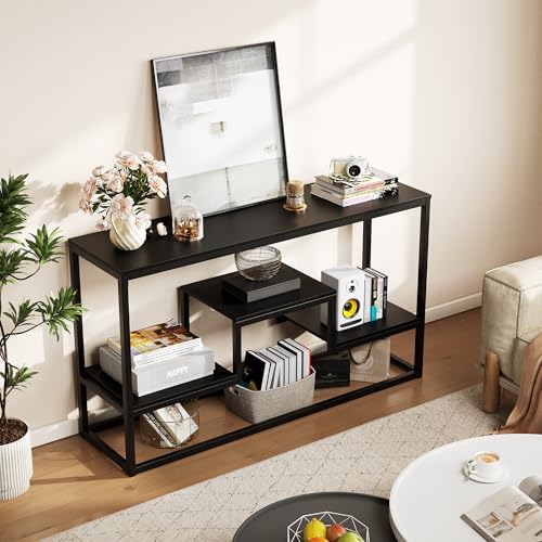 55 Inch Tall TV Stand for TVs up to 65 Inch, TV Console Table with 3-Tier Open Storage Shelves, Modern Industrial Entertainment Center for Living Room, Bedroom, Black
