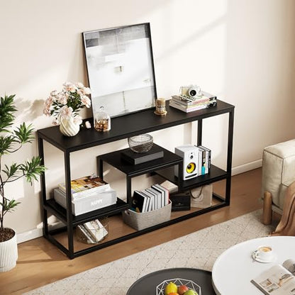 55 Inch Tall TV Stand for TVs up to 65 Inch, TV Console Table with 3-Tier Open Storage Shelves, Modern Industrial Entertainment Center for Living Room, Bedroom, Black