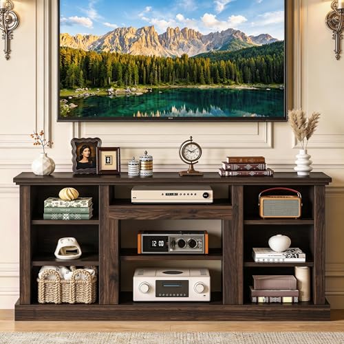 Farmhouse TV Stand with Adjustable Shelves & Open Storage, Walnut, view 7