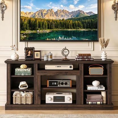 Farmhouse TV Stand with Adjustable Shelves & Open Storage, Walnut, view 7