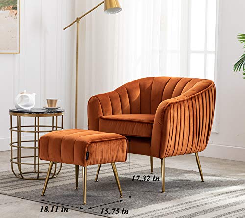 Velvet Modern Tub Barrel Arm Chair Upholstered Tufted with Gold Metal Legs Accent Club Chair with Ottoman Footrest for Living Reading Room Bedroom, Caramel Color