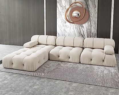 L-Shaped Sectional Couch, 104'' Minimalist Velvet Floor Sofas Couches, Mid-Century Modular Sectional Sofa with Reversible Chaise Ottoman for Living Room, Apartment (3-Seat, 1 Ottoman, Beige)