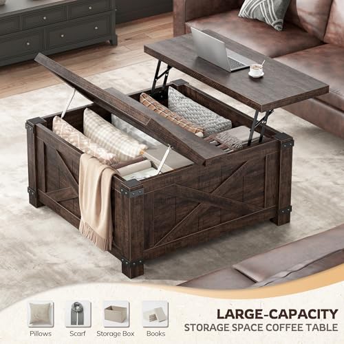 Lift Top Coffee Table with Storage, 35.7" W Square Coffee Tables for Living Room, Small Coffee Table with Large Hidden Space, for Living Room, Bedroom, Home Office, Brown