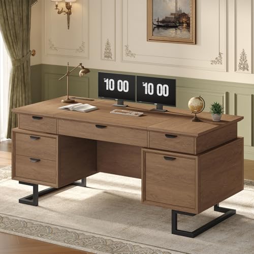 63" W x 27.6" D Executive Desk with 2 Cabinets & Power Outlet, view 2