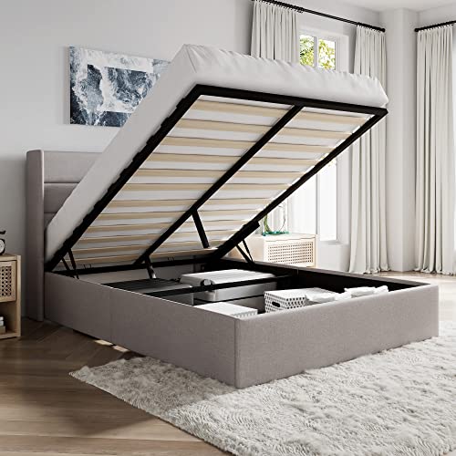 Queen Size Lift Up Hydraulic Storage Bed Frame Light Beige, view 2
