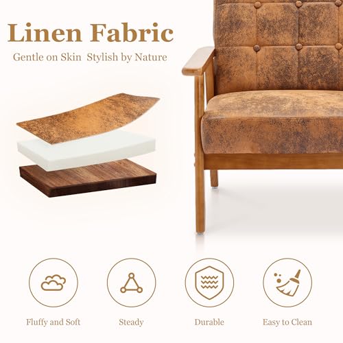 Modern Accent Chair, Mid-Century Linen Armchair with Solid Wood Armrests, Button-Tufted Comfortable Cushioned Reading Chairs for Living Room, Bedroom (Coffee)