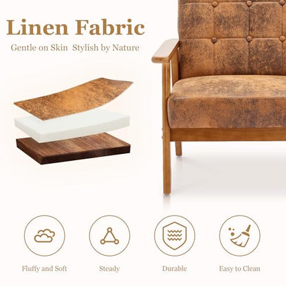 Modern Accent Chair, Mid-Century Linen Armchair with Solid Wood Armrests, Button-Tufted Comfortable Cushioned Reading Chairs for Living Room, Bedroom (Coffee)