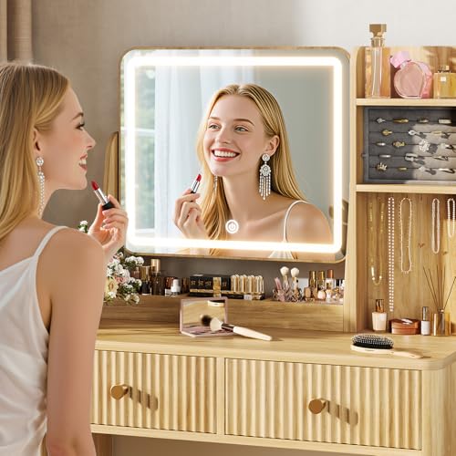 Fluted Makeup Vanity Desk with Mirror and Lights, view 6