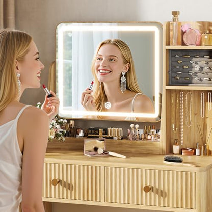 Fluted Makeup Vanity Desk with Mirror and Lights, view 6