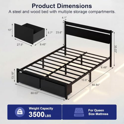 Queen Bed Frame with Drawers, Platform Bed with LED Lights & Charging Station, view 4