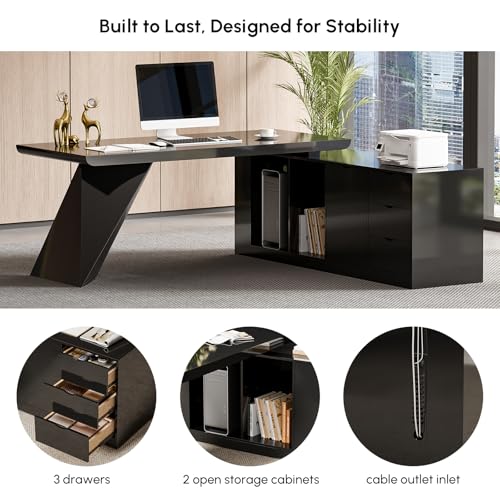 70.9" Modern L-Shape Executive Desk, Home Office Desk with Drawers & Cabinet Modern Computer Desk for Home Business Furniture, Black, Right Hand