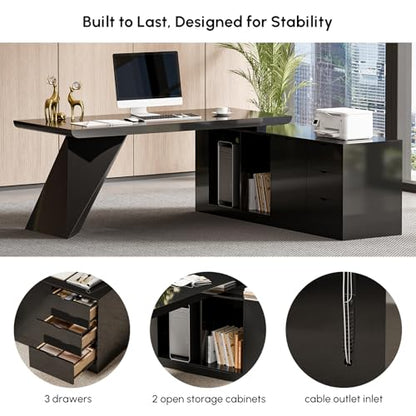 70.9" Modern L-Shape Executive Desk, Home Office Desk with Drawers & Cabinet Modern Computer Desk for Home Business Furniture, Black, Right Hand