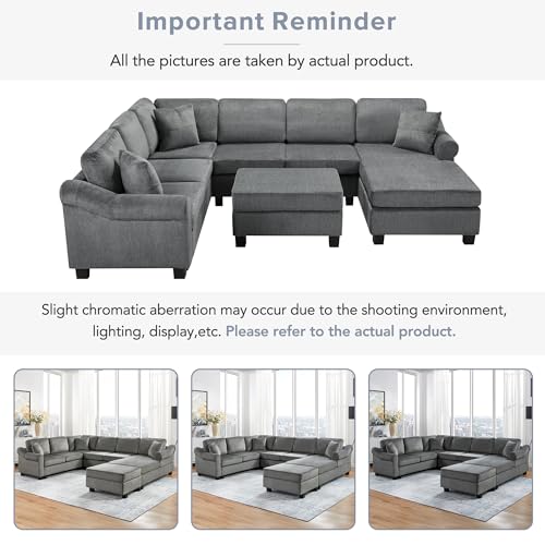 Sectional Sofa 111.8" U Shaped Sofa Chenille Upholstered Sofa Couch with Movable Storage Ottoman for Living Room, Dark Gray