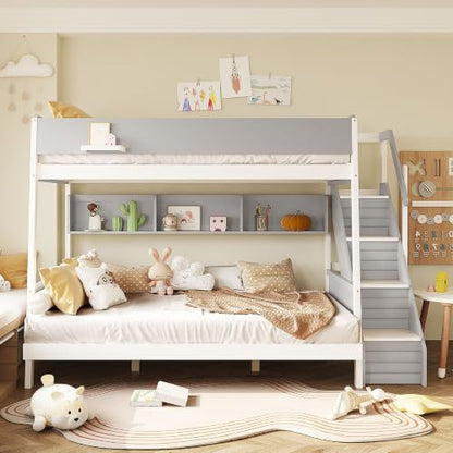 JIVOIT Twin Over Full Bunk Bed with Striped-Design Staircase, Side Shelves, view 4