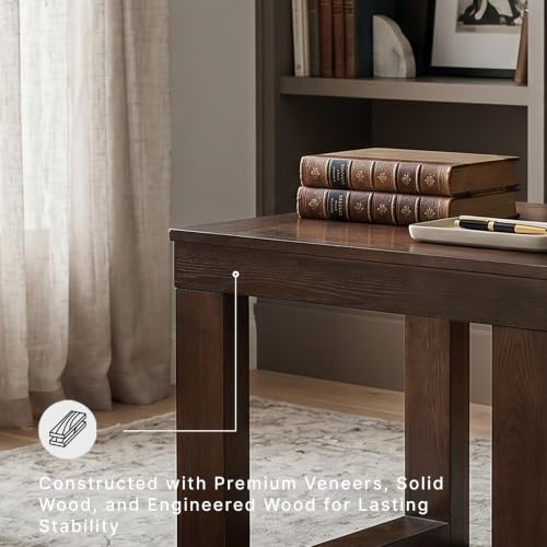 Signature Design by Ashley Watson End Table, Classic Oversized 24 Inch Square Side Table, Made of Veneers, Wood and Engineered Wood, Distressed Mid-Century Sled Base, Dark Brown
