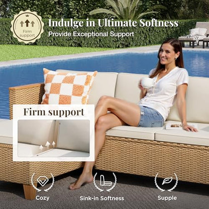 Wicker Outdoor Patio Furniture Set 3 Pieces Patio Chaise Longue Conversation Set, Rattan L-Shaped Sofa Couch with Acacia Wood Coffee Table for Deck Porch and Garden