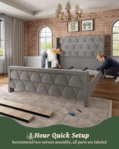 Velvet Wingback Bed Frame with Headboard, Noise-Free and Sturdy Wood Slat, Deep Gray, view 7