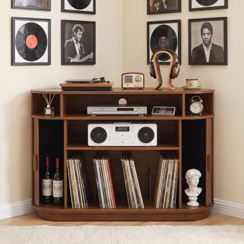 Fluted Corner TV Stand for 55"TV, Modern Corner Entertainment Center Walnut, view 5
