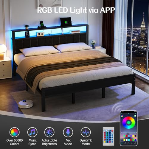 King Bed Frame with Charging Station & LED Lights, view 6