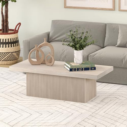 48" Fluted Low-Profile Rectangular Coffee Table with Ribbed Base for Living Room, Family Room, or Office, Beech White