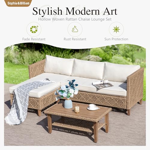 Boho Rattan Patio Sectional Set with Thick Cushions & Coffee Table – Balcony, Backyard & Poolside Outdoor Furniture (Beige)