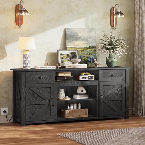 TV Stand for 75/70 Inch TV, Entertainment Center with Storage & Power Outlet, Farmhouse Media Console Cabinet with Drawers and Adjustable Shelves for Living Room, Black