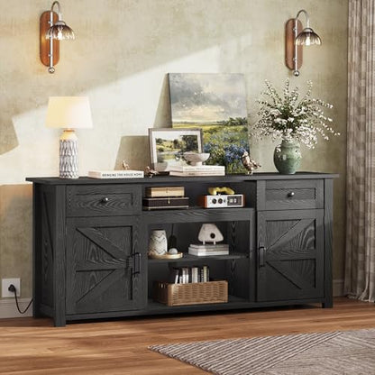 TV Stand for 75/70 Inch TV, Entertainment Center with Storage & Power Outlet, Farmhouse Media Console Cabinet with Drawers and Adjustable Shelves for Living Room, Black