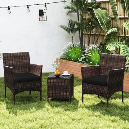 3 Pieces Patio Rattan Furniture Set, Outdoor Conversation Set with PE Wicker Armchairs, Tempered Glass Top Coffee Table, Soft Removable Cushions, for Porch Garden Yard Balcony (Black)