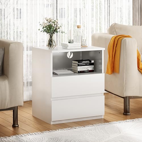 (Set of 2) End Table with Fast USB C Charging Station, Sofa Side Table with 2 Drawers, Large Storage Modern Wood Storage Cabinet for Living Room,Bedroom,Office, White