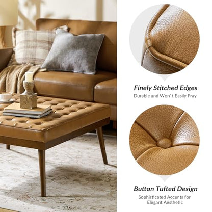 36" Genuine Leather Square Tufted Ottoman Coffee Table, Camel | 100% Genuine Leather, Button Tufted Style, Solid Wooden Flared Legs, Mid-Century Modern Extra Seating for Living Room