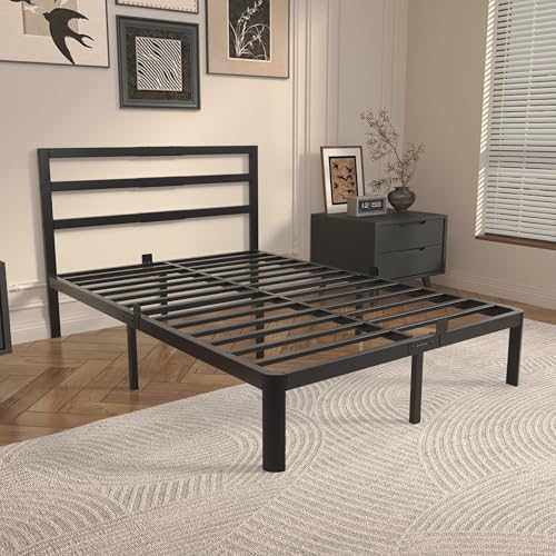 14 Inch Full Bed Frame with Headboard, Black Metal Double Bed Base, view 2
