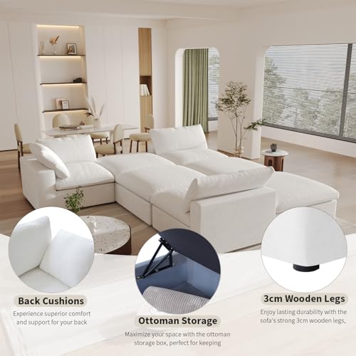 Cloud Modular Sectional Sofa Couch with 2 Storage Ottomans,160.6" U Shaped Couch,Minimalist Wide Deep Seat Convertible Couches for LivingRoom, Covers Washable&Replaceable,White