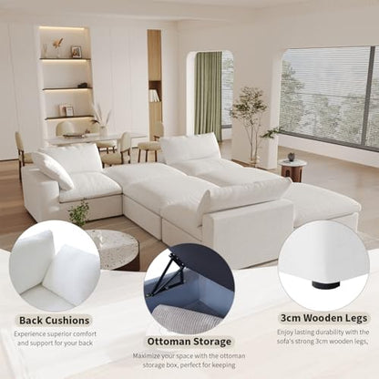 Cloud Modular Sectional Sofa Couch with 2 Storage Ottomans,160.6" U Shaped Couch,Minimalist Wide Deep Seat Convertible Couches for LivingRoom, Covers Washable&Replaceable,White
