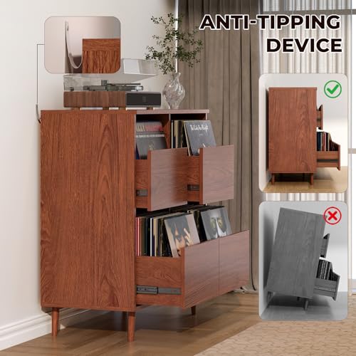 Record Player Stand with Vinyl Storage, Mid-Century, Brown, view 7