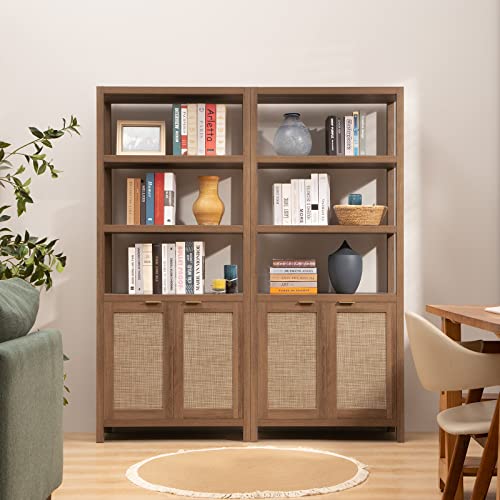 Bookshelf 5 Tier Book Shelf Rattan Boho 71" Tall Bookcase with Doors Storage Shelves Large Bookshelves Farmhouse Bookcases Library Book Case for Living Room Bedroom Home Office Kitchen | Book Shelf