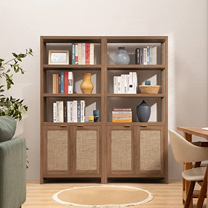 Bookshelf 5 Tier Book Shelf Rattan Boho 71" Tall Bookcase with Doors Storage Shelves Large Bookshelves Farmhouse Bookcases Library Book Case for Living Room Bedroom Home Office Kitchen | Book Shelf