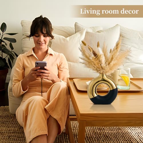 Ceramic Donut Vase, 8" L x 8" H Black and Gold Round Vase for Pampas Grass, Nordic Modern Vases for Decor, Ceramic Vase Centerpieces for Wedding, Bedroom, Living Room, Coffee Table, Office